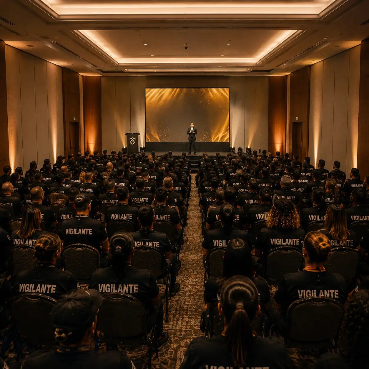 Plateia de evento com palco e telão